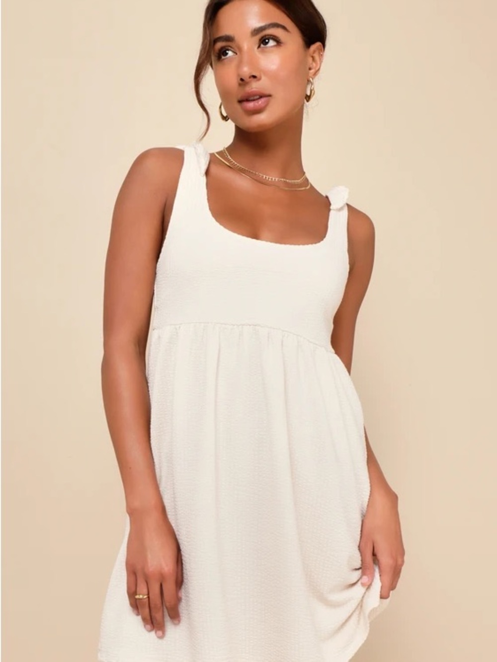 Lulu's “Cute Certainty” Ivory White Waffle Knit Babydoll Mini Dress Coquette S